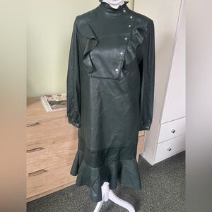 BCBG MAXAZRIA Y2K Green Faux Leather Military Buttons Modest Drop Waist Dres XS